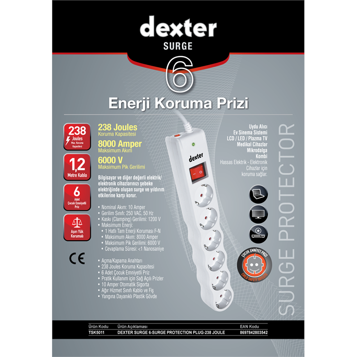 Tunçmatik Dexter Surge 6-Surge Protection Plug-238 Joule (Beyaz)